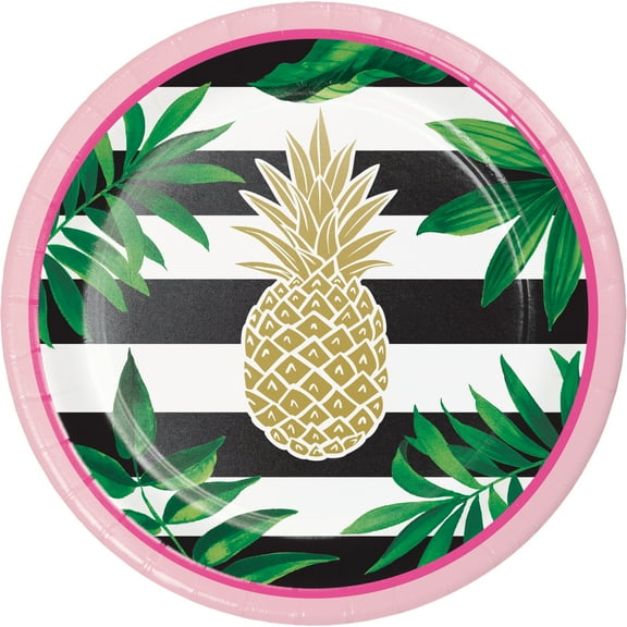 Golden Pineapple Round Paper Dessert Plates 24 Count for 24 Guests