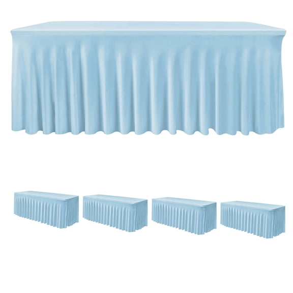 Spandex Table Skirts For Rectangle Tables 4 Ft Fitted Stretch Cover 24x48 Inch Wrinkle-free Ruffle Design Tablecloths Banquets Trade Shows Parties Events 4 Pack Blue