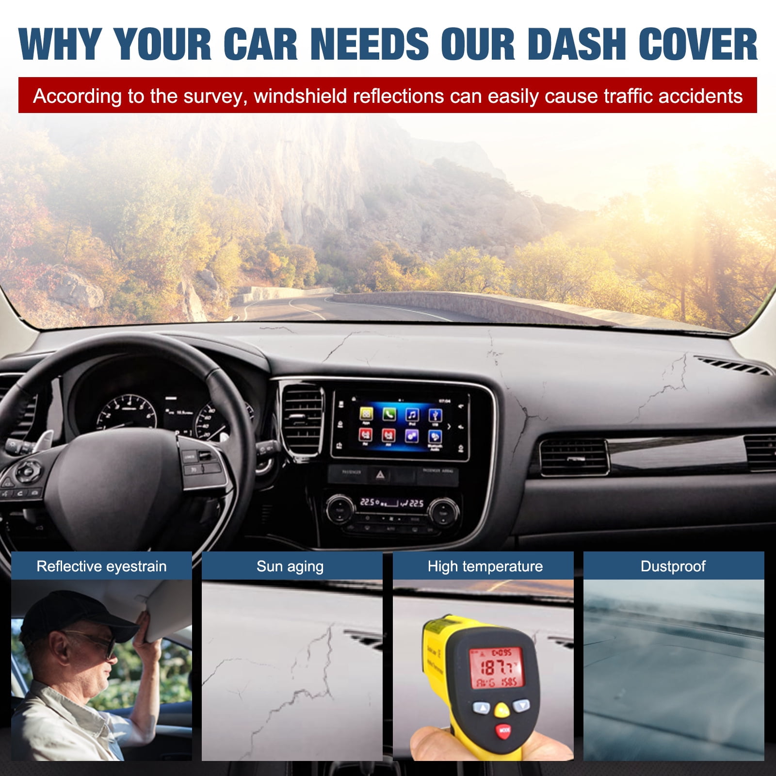 SPEEDWOW Dash Cover for 2016–2020 Kia Optima, Sun Protection Anti-Vertigo Mat Blanket, Dustproof Non-Slip Dashboard Cover, Black