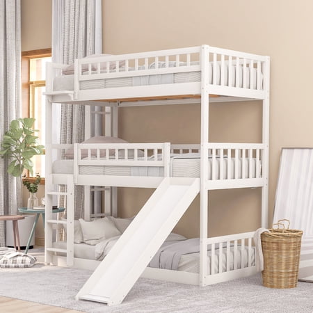 Triple Twin Bunk Bed for Kids with Built-in Ladder and Slide for Kids, Twin-Over-Twin-Over-Twin Detachable 3 Bed Bunk Bed Frame