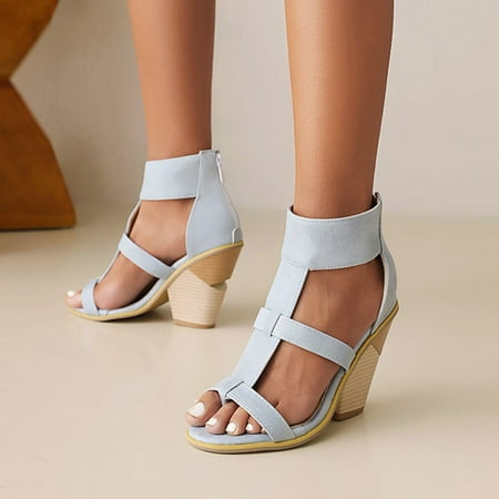

pafei tyugd Chunky Heel Sandals for Women Cut Out Peep Toe Zipper Block Heel Sandals Summer Beach Dressy T-Strap Party High Heeled Sandals Size 6