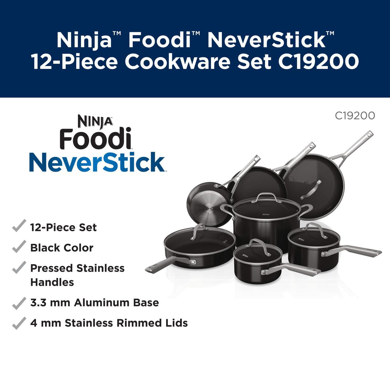 Ninja Foodi Premium 12-Piece Non-Stick Cookware Set, Black