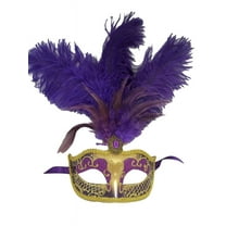 Purple Gold Feather Venetian Mask Masquerade Mardi Gras Jewel Gem Mask 12"