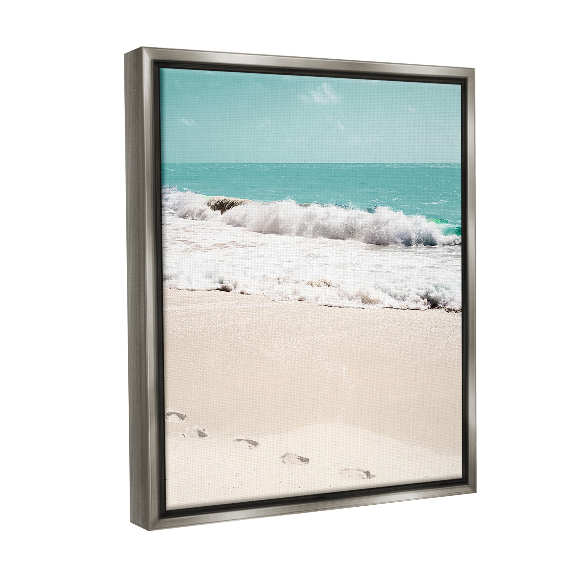 Stupell Industries Footprints on Beach Shore Landscape Photography Gray Floater Framed Canvas Art Print Wall Art, 25 x 31