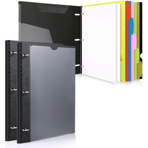 2-Pack Telescoping 3 Ring Binder Notebooks - Customizable Cover, 5 Dividers & Pocket Folder in One Slim Organizer (60 Sheets Included), Black