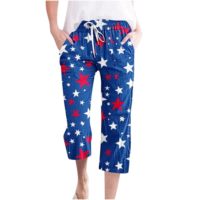 Timegard Capri Pants for Women Independence Day Print Elastic Waisted Drawstring Casual Pants with Pockets