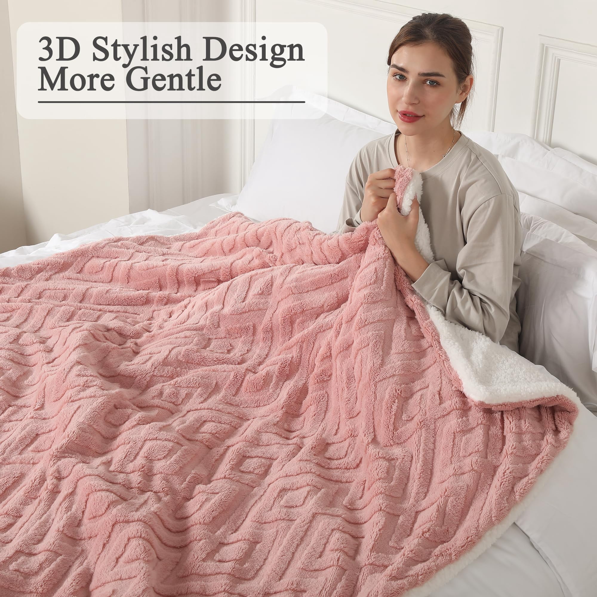 TRUSTWARMTH Electric Heated Blanket Throw 50"×60", Electric Throw Blanket with 5 Heating Levels & 4 Hours Auto Off, Ultra Soft Jacquard Shaggy Sherpa, Machine Washable, Pink