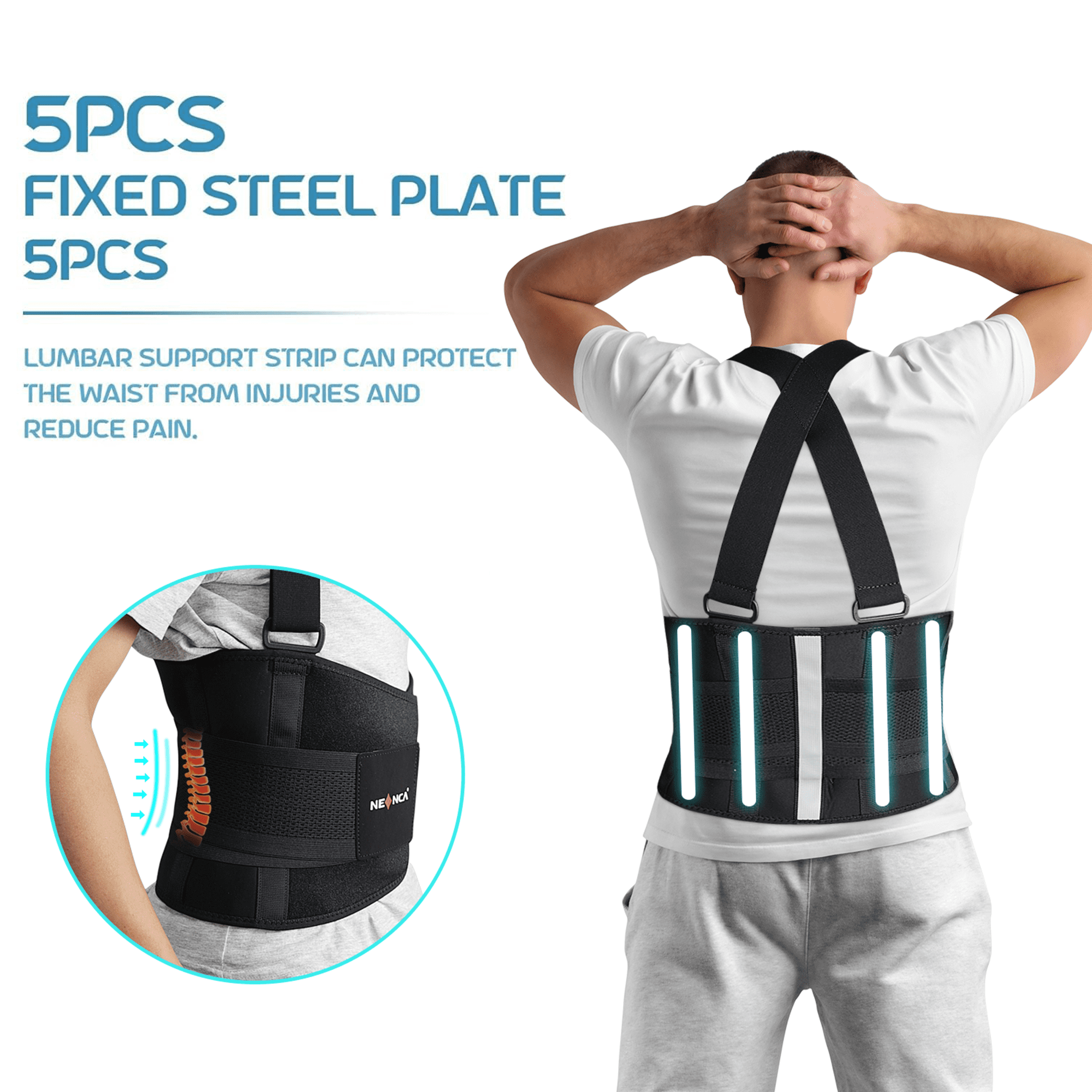 NEENCA Work Back Brace with Suspenders - Industrial Lower Back Support Belt for Lifting, Pain Relief, Posture Correction (Black, XXL)