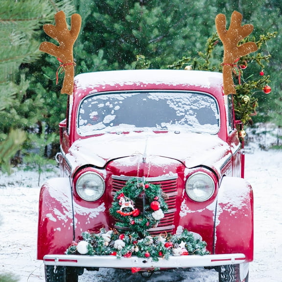 GOOHOCHY Reindeer Antlers for Car with Bells and Ribbons Christmas Car Decor Khaki Automotive Exterior Accessories