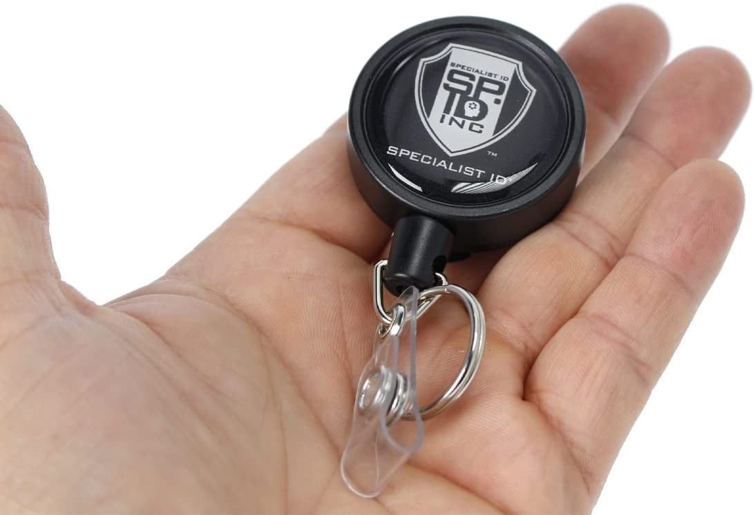 5 Pack - Heavy Duty Retractable I'D Badge Holder Keychain Reel - Strong Polycarbonate Plastic Case w/ Metal Swivel Belt Clip, Key Ring & Vinyl Strap for Multiple Keys & Badges by Specialist ID (Black)