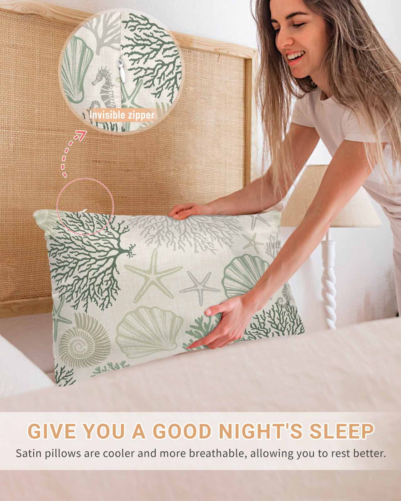 Sage Green Ocean Pillow Cases Queen Size Set of 2, Smooth Satin Pillowcase for Hair and Skin, Coastal Grey Coral Starfish Shell Decorative Cooling Bed Pillow Covers with Zipper, 20x30 Inches