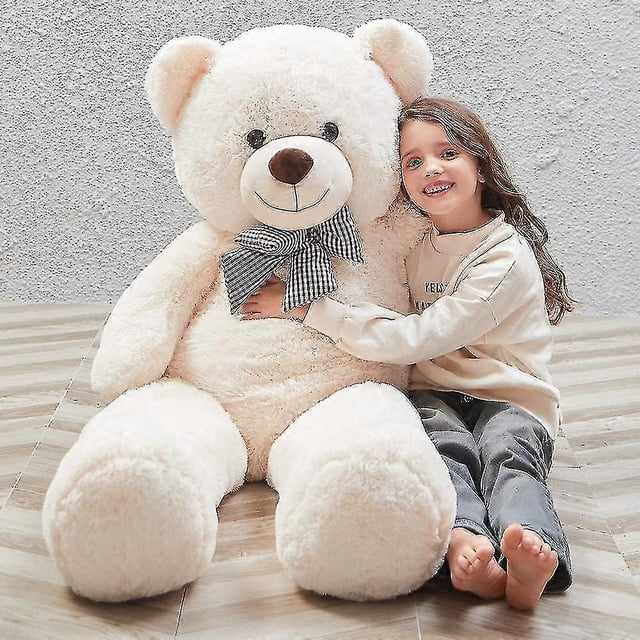 giant teddy bear plush stuffed animal for girlfriend or kids 31.5" (white) oso de peluche gigante blanco de 80 cm, vista frontal sentado con lazo a cuadros, pelaje suave y relleno de algodón PP; adecuado para abrazar niñas y niños y acompañar en la habitación, a menudo usado como almohada de abrazo.