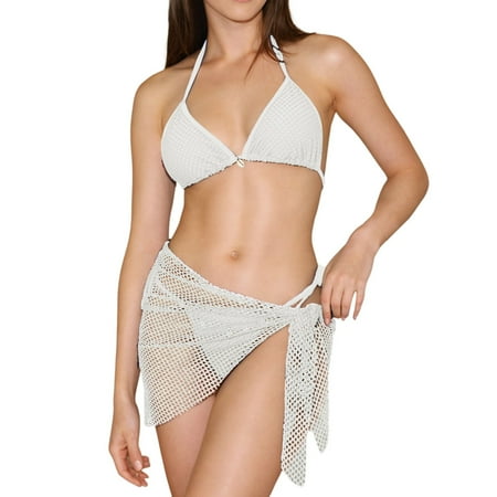 JIANJIA Womens Swimsuits Solid Color Sexy Lace Up Halter Brassiere With Thongs Fashion Swimsuit Skirt Three Piece Bikinis Swimwears Bathing Suits White L
