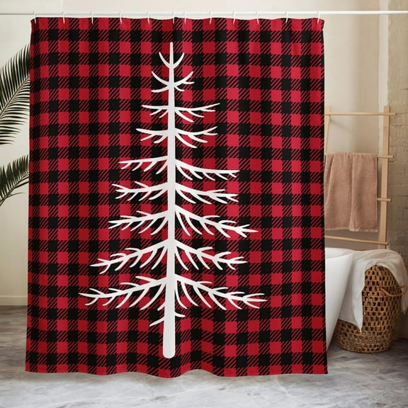 Christmas Shower Curtain, Fall and Christmas Red Buffalo Plaid with Tree Design, Cabin Bathroom Decor, Bathroom Decor, Winter Home Decor