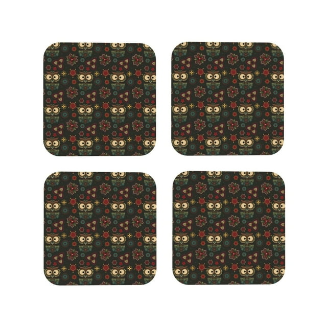 Vsdgher Boho Owl Print Leather Coasters for Drinks, Durable Drink Coasters 4 Set for Tabletop Protection, Luxurious Home Décor and Housewarming Gift-Square