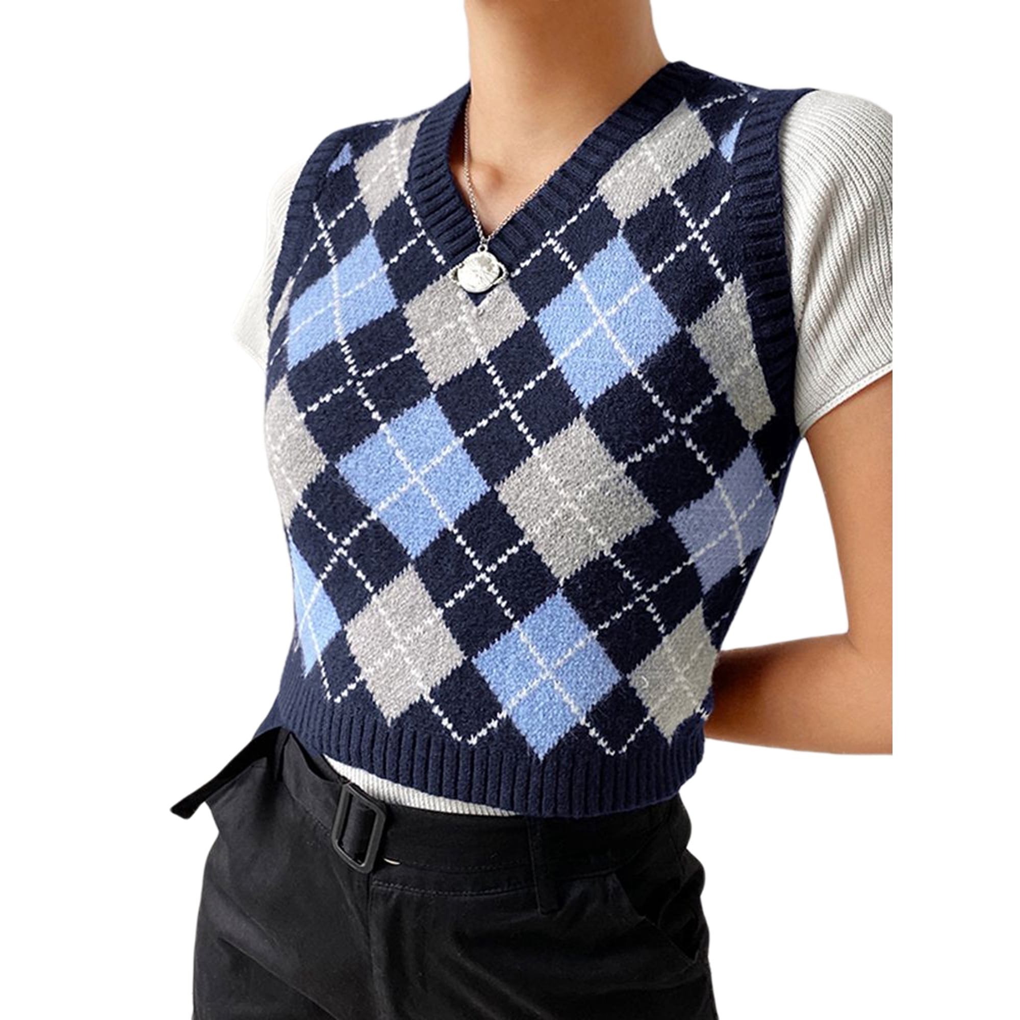 Women V Neck Vintage Argyle Sweater Vest Sleeveless Plaid Knitted