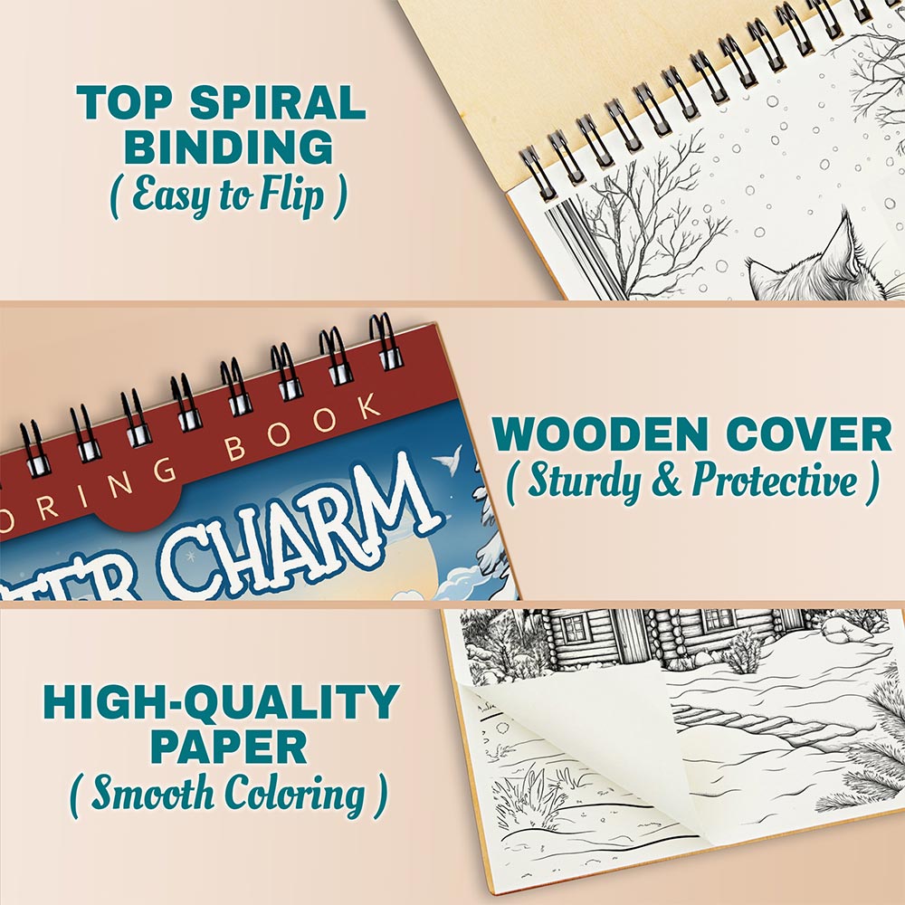 Netecom Winter Charm Coloring Book Spiral Bound For Adults, A5 Wooden Cover, 30 Scenic Coloring Pages in Frosty Landscapes of Nature's Beauty for Stress Relief and Relaxation