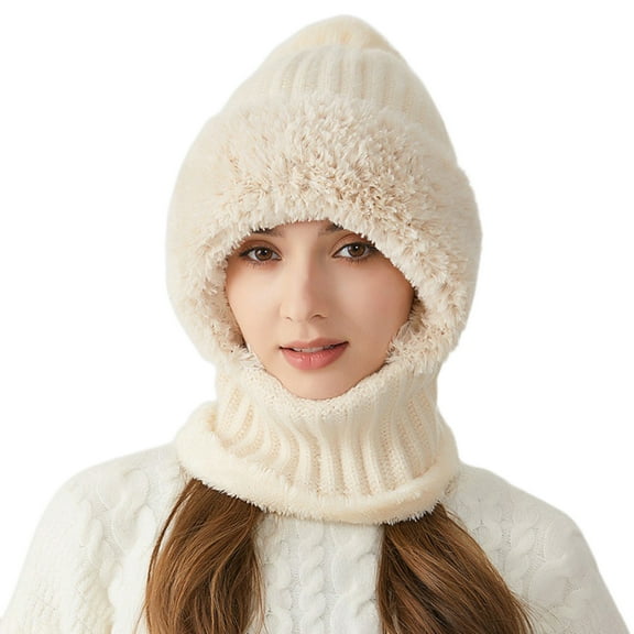 Grofry Women Hat with Integrated Scarf Thick Warm Plush Lining Knitted Windproof High Elasticity Full Protection Outdoor Travel Cold Weather Cap