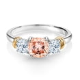 thumbnail image 2 of Gem Stone King 925 Sterling Silver and 10K Yellow Gold Morganite Peach Zirconia 3 Stone Engagement Ring for Women (2.23 Cttw, Cushion Cut 6MM and 4MM, Available in Size 5, 6, 7, 8, 9), 2 of 4