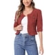 thumbnail image 1 of CHAQUETA DE JEAN CORTA SIN CUELLO PARA MUJERES CON MANGAS 3/4 EN COLOR MARRÓN ROJIZO TALLA L, 1 of 5