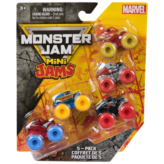 Monster Jam, Marvel Official Mini 5-Pack with Mystery Collectible Monster Truck, 1:87 Scale