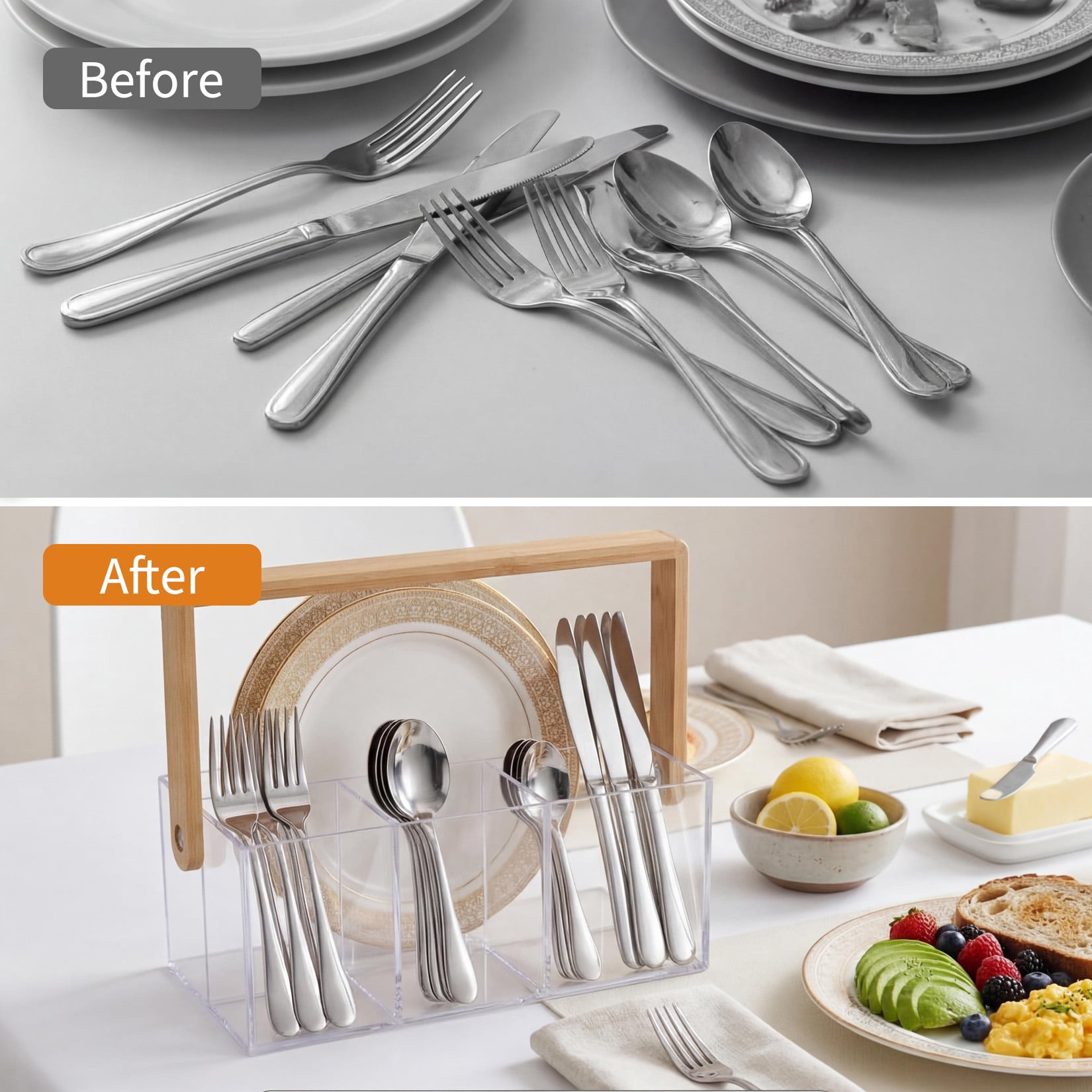 Clear Acrylic Utensil Organizer with Handle, 4 Compartment Cutlery Holder with Drain Holes, Portable Flatware Caddy for Kitchen Counter, Picnic, Party, Buffet, Bathroom Storage