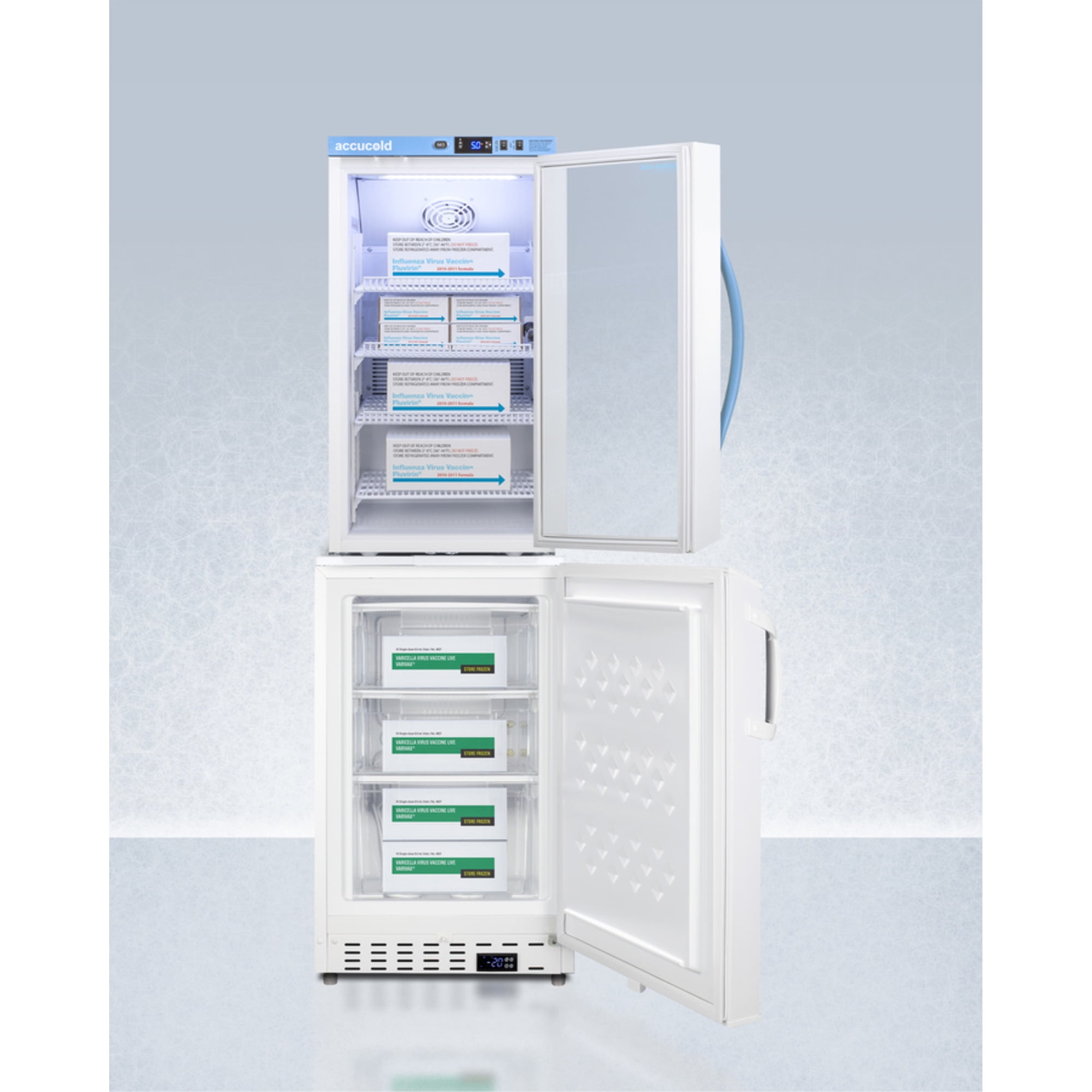 Stacked vaccine refrigerator-freezer combination
