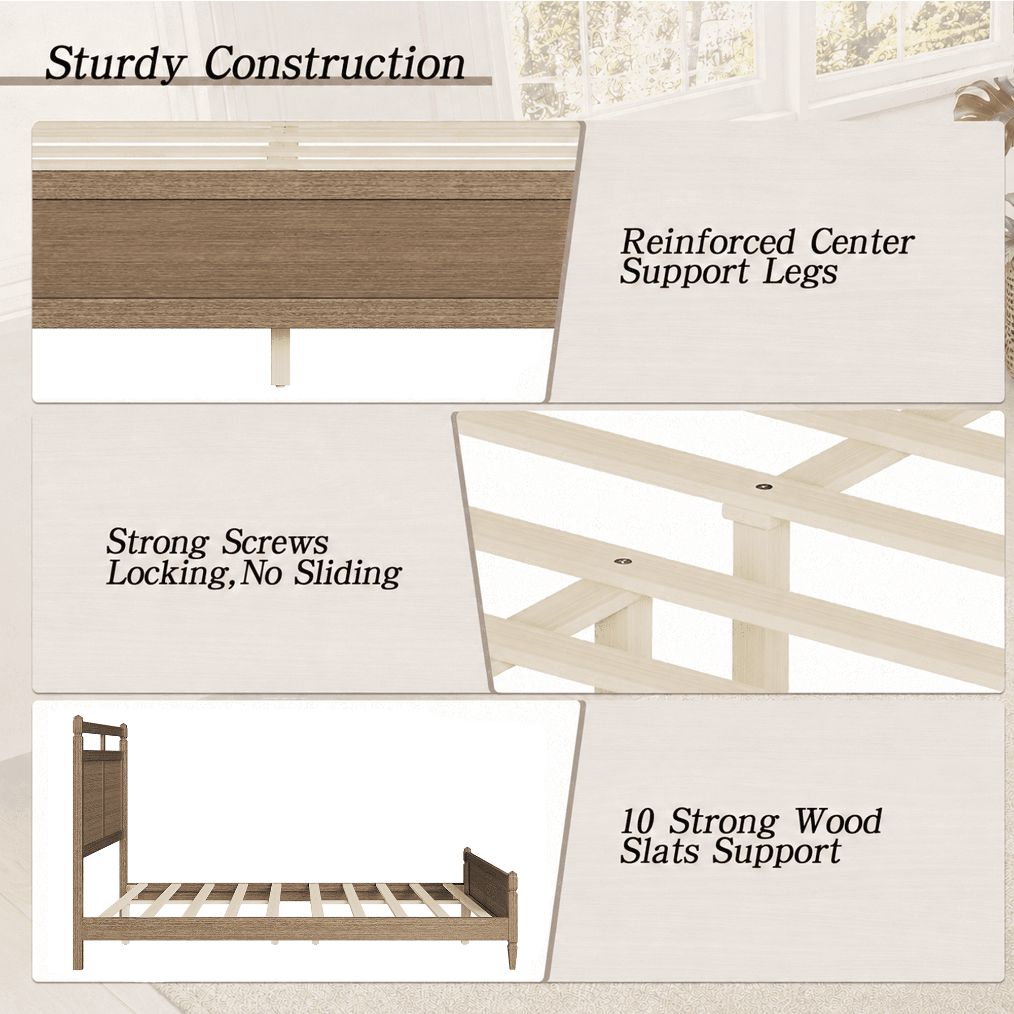 Euroco Modern Wood Queen Size Platform Bed, Mid-Century Bed Frame with Panel Headboard, No Box Spring Needed, Gray Oak