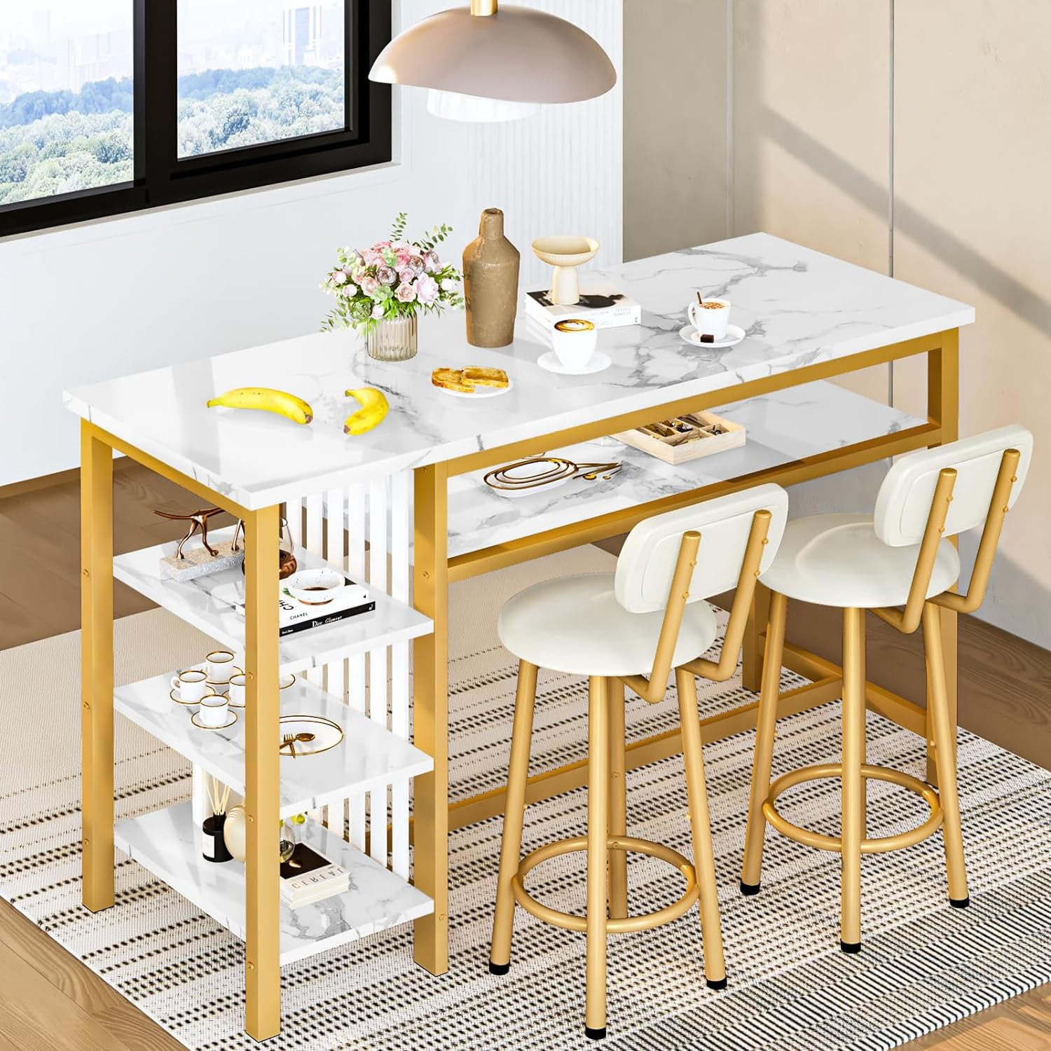 LinkRomat Bar Table and Chairs Set for 2, Marble Kitchen Island Table with 2 PU Bar Stools, Tall Kitchen Table and Chairs with Storage for Small Spaces, Home & Apartment, Gold