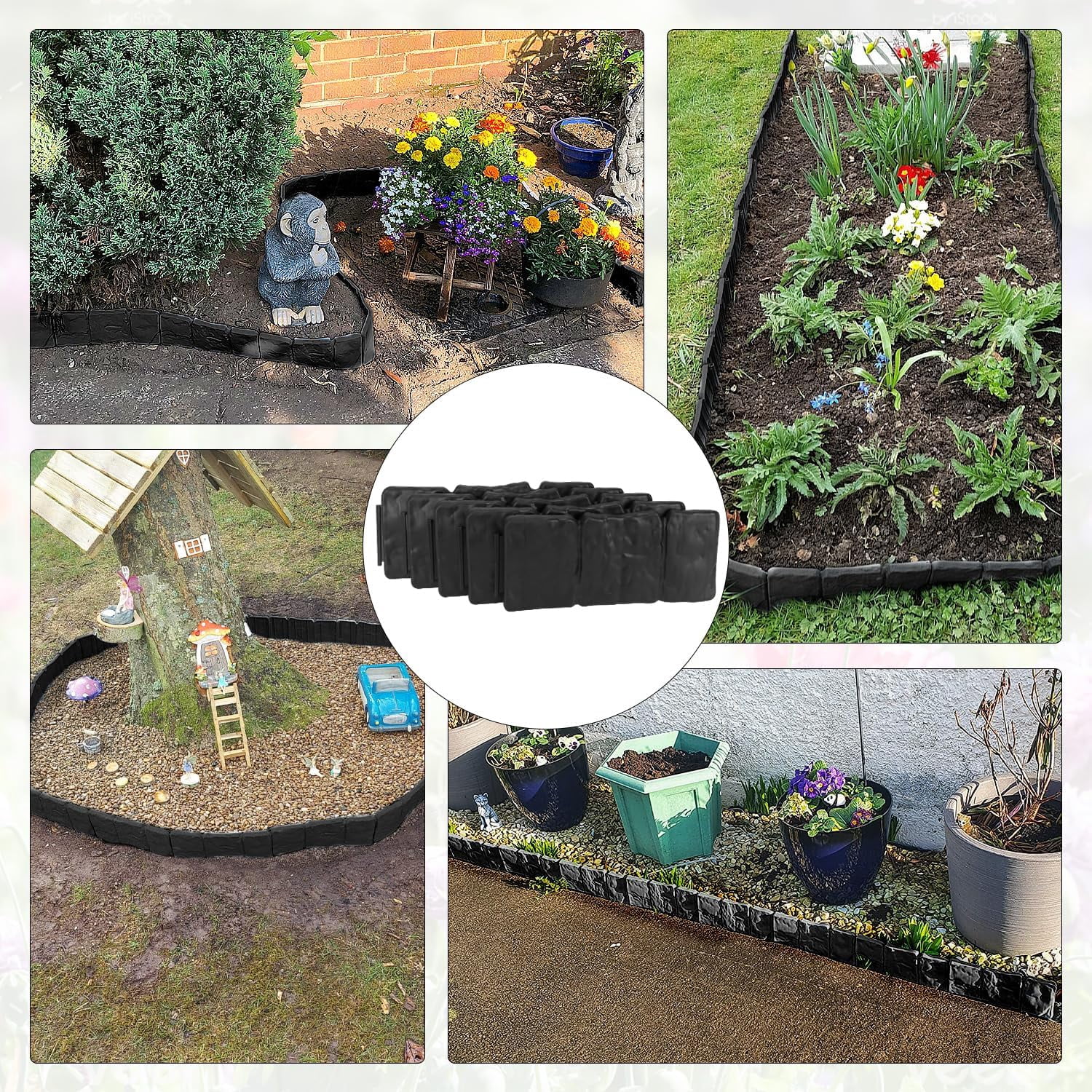Garden Edging Border NO DIG, with Landscape Edging Anchoring Spikes, Black Stone Effect Plastic Lawn Edging Fencing, Interlocking Yard Lawn Edging for Flower Bed | 24 Ft | 30Pcs | Black |