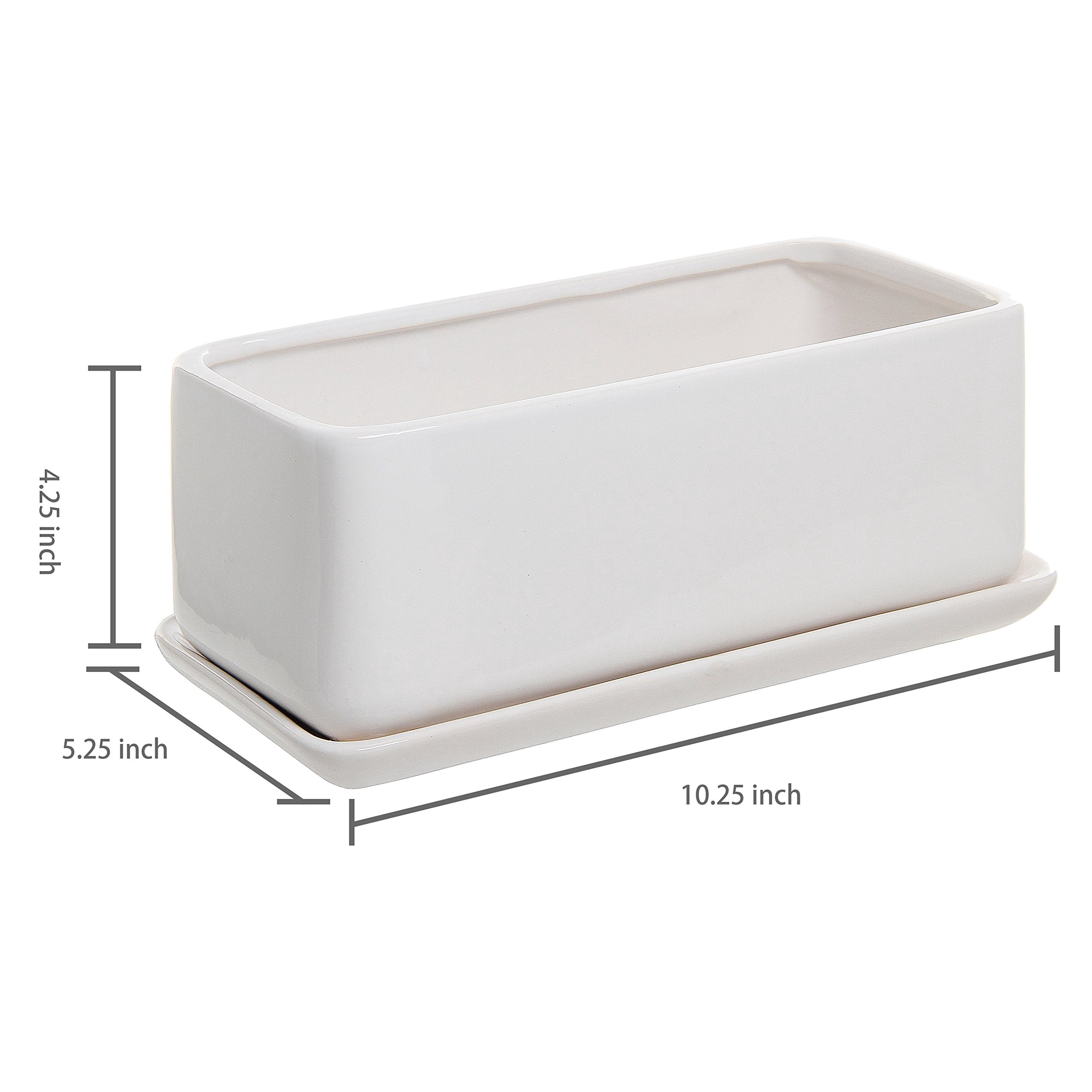 14 Inch Ceramic Indoor Plant Pot with Drainage Hole, Rectangular Succulent Planter Window Box with Removable Saucer, Matte White Finish