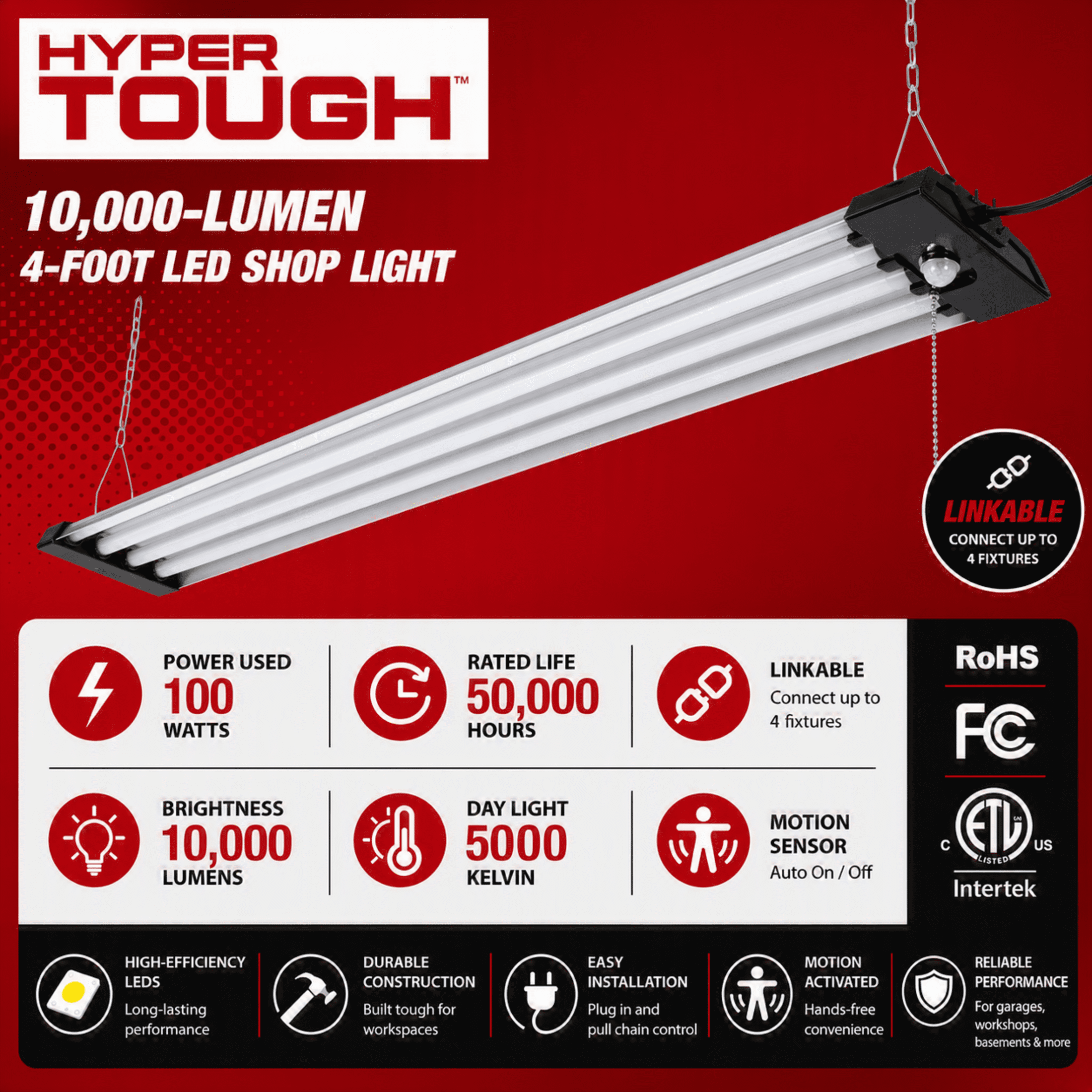 (2 pack) Hyper Tough 4-ft 10000 Lumen Plug-in 4-Tube Integrated LED Shop Light Fixture, Grey Finish (1 Pack)