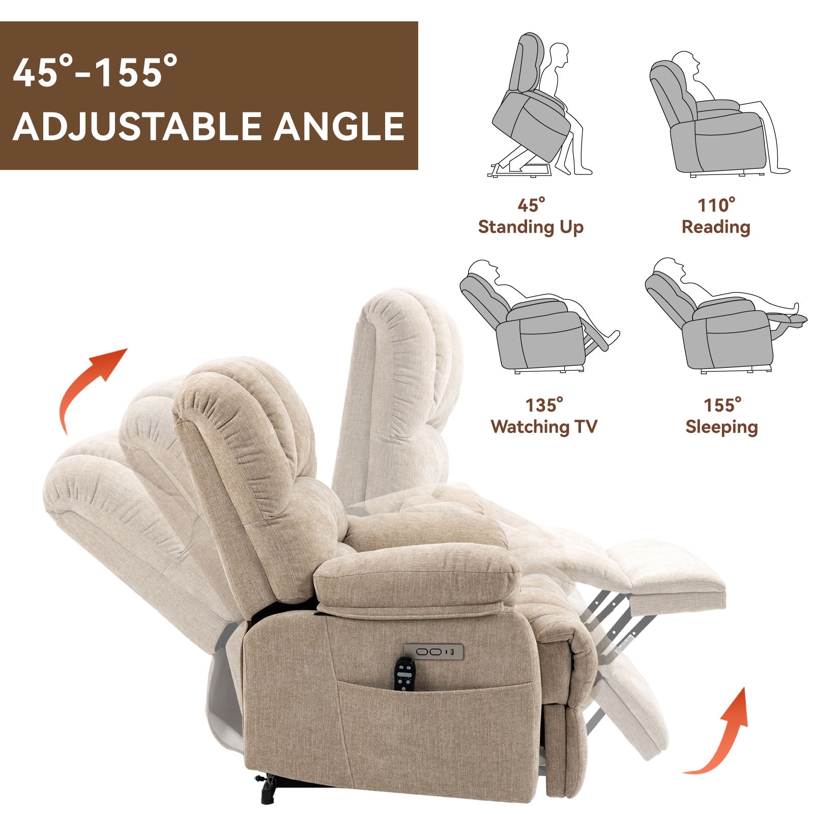 MAYEERTY Oversized Power Lift Recliner Chair, Chenille Electric Lift Chair with 8-Point Vibration Massage & Lumbar Heat, USB Port, for Living Room Elderly