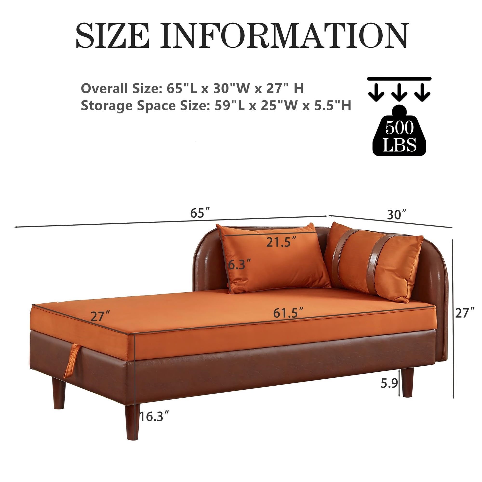 Aukfa 65" Storage Chaise Lounge Indoor Leather Sofa for Living Room Bedroom, Wooden Legs, 2 Pillows, Brown & Orange