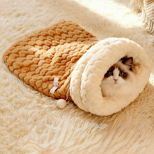 Saco de Dormir Cerrado y Grueso para Gatos, Casita Plegable para Gatos de Menos de 8 Kg, Cama Suave de Felpa con Forro Polar Cálido, Gris o Marrón