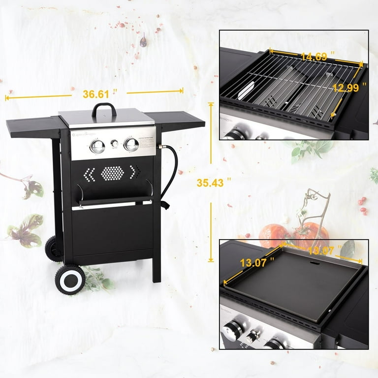 Kitchen Academy Griddle Grid 2 In 1 Patio Gas Grill 20 000 BTU with 2 3 Burners for 3 4 Persons Black