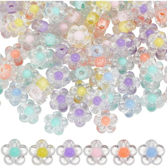 300Pcs Acrylic Flower Beads Clear Flower Bead Bulk 12mm Candy Colors Cute Transparent Straight Hole Mini Flowers Loose Spacer Beads for Beading Bracelets Jewelry Making Earrings DIY Crafts