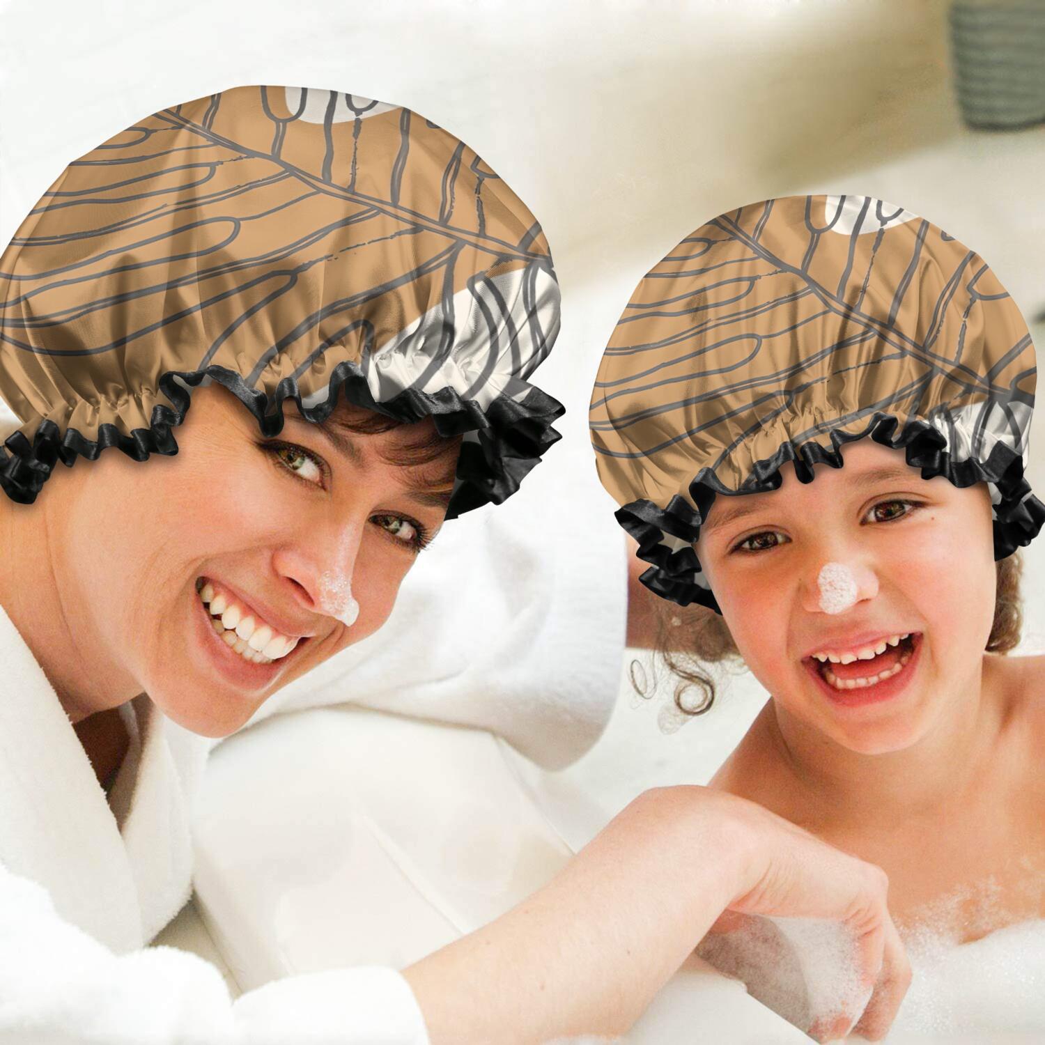Shower Caps,Brown Boho Line Art Plant Pattern Waterproof Shower Cap for Women 4 Pieces,Double Reusable Hair Cover for Shower PEVA Elastic Stretch Hem