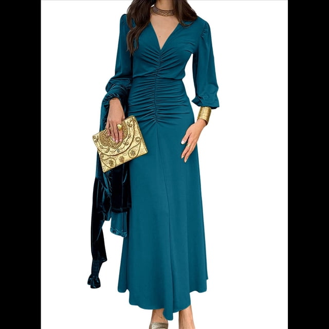 Vestidos de Cóctel de Sirena para Otoño e Invierno para Mujer, Larga, Escote en V, Ajustados, Maxivestido Fruncido en la Cintura. Azul Pavo Real M