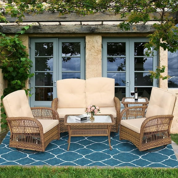 SOCIALCOMFY 5-Piece Wicker Patio Furniture Sets Outdoor All-Weather Rattan Conversation Set Includes Glider Loveseat, 2 Glass-Top Coffee Tables, 2 Swivel Rocking Chairs with Thickened Cushions