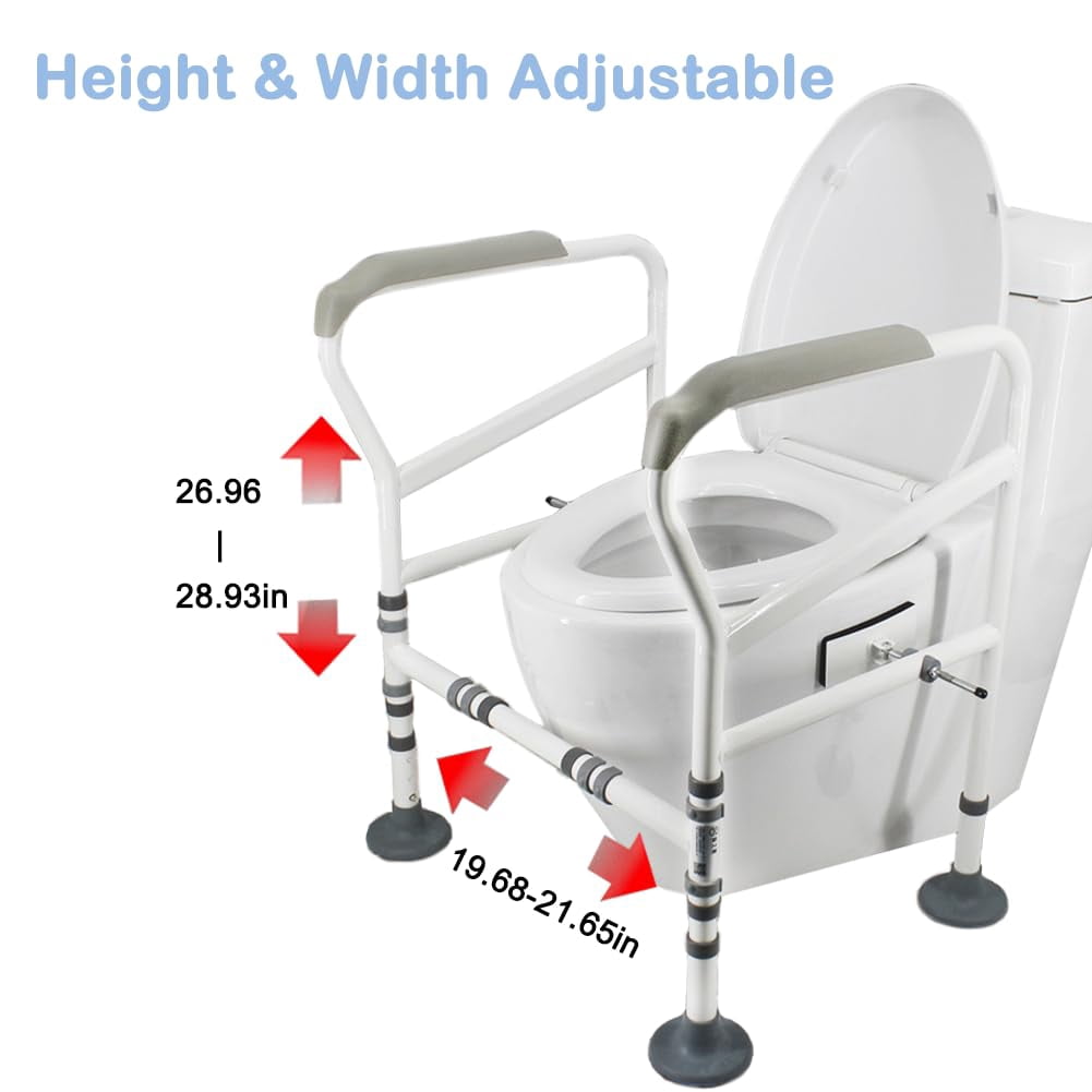 Toilet Safety Rails, Bathroom Frame, Adjustable Height, Bariatric Assist Handrail Grab Bar with Suction Cups, Railing Helper for Elderly, Handicap, Disabled, Seniors, Padded Arms Fit Most Toilets