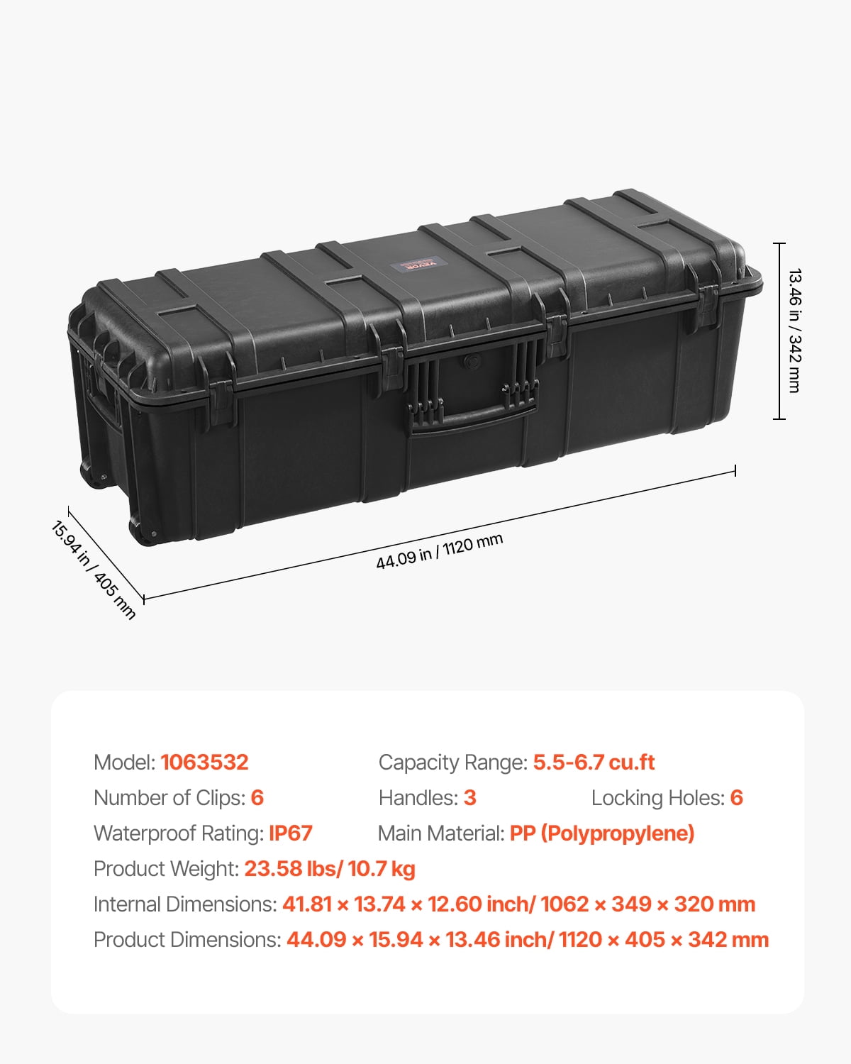 VEVOR Weatherproof Hard Case, Heavy Duty Protective Dry Box Case with Pre-Cut Foam & Retractable Pull Handles for Travel, Hunt, Military, Tactical, IP67 Waterproof Case for Cameras(112x41x34)