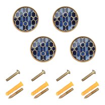 Yayeee 4 Pack Cabinet Knobs with Screws Round Zinc Drawer Pulls for Kitchen, Blue Hexagon Pattern