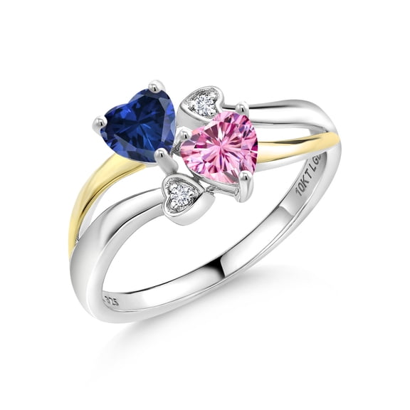 Gem Stone King 925 Silver and 10K Yellow Gold Blue Created Sapphire and Pink Moissanite and White Lab Grown Diamond Ring for Women (1.02 Cttw, September Birthstone, Heart Shape 5MM, Size 7)