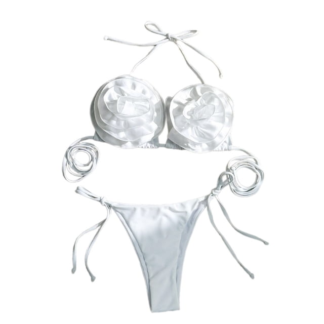 Trajes baño divididos piezas para mujer, conjunto Bikinis con cuello Halter, traje baño flores 3D, trajes