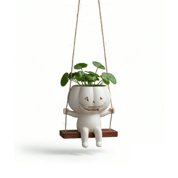 Pumpkin Swing Hanging Planter, Cute Halloween Hanging Flower Pot for Small Plants, Fall Decor for Porch Window Entryway