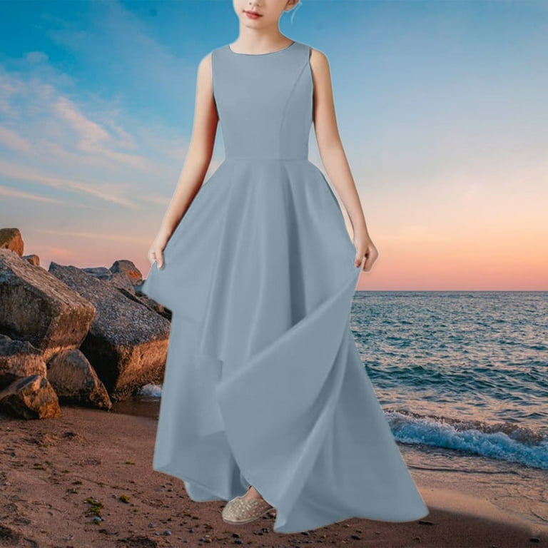 TIREOW Teen Girls Flowy Sleeveless Pleated Chiffon Flower Dress Elegant  A-Line Crew Neck Maxi Asymmetrical Dresses Soft Comfy Party Formal Solid  Color Scoop Neck Skirt - Walmart.com