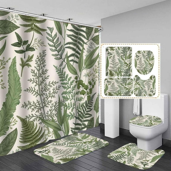 4PCS Wildflower Botanical Shower Curtain Sets with Rugs, Waterproof Fabric Beige Shower Curtain, Spring Blossom Colorful Floral Sage Green Plant Herbs Leaf Nature Rustic Flower Bathroom Decor