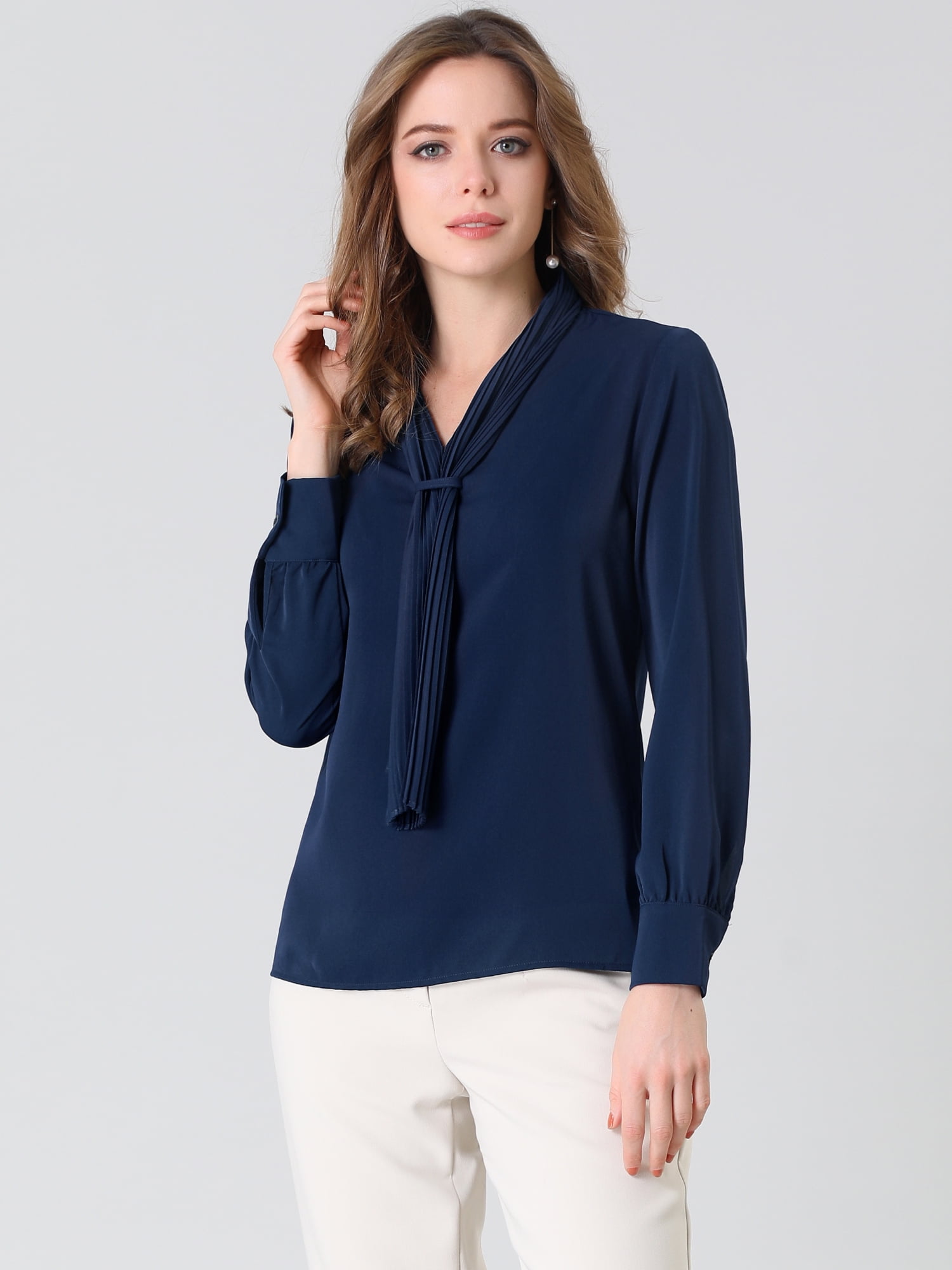 DARING DIVA Tie-Neck Long Sleeve Pleated Tops Shirt 3XL Navy Blue
