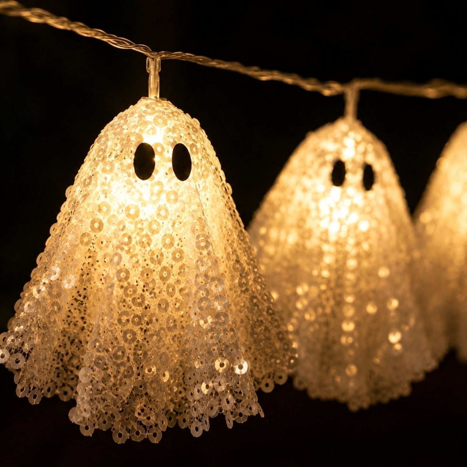Halloween Ghost Lights String Decoration 6.6ft, Halloween Hanging Ghost Decor with 10 Sequin Ghost Figures and 10 LED Lights, 8 Lighting Modes Battery Operated Halloween Party Decoration